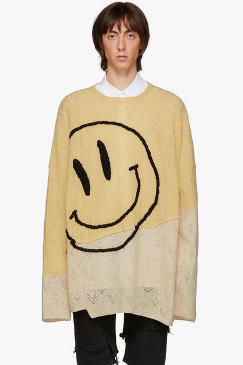 Collage Sweater, Smiley Sweater, Black Smiley Face, Yellow Palette, Distressed Sweaters, Diamond Weave, Sleepy Hollow, Raf Simons, Oversized Sweater