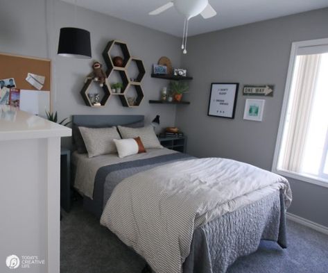 Decorating for Boy Bedrooms | Grey Bedroom Ideas | TodaysCreativeLife.com Youth Bedroom Ideas Boy Rooms, Joeys Apartment, Mens Room Ideas, Young Adult Male Bedroom Ideas, Bedroom Ideas For Young Man, Bedroom Ideas For Men Small, Boys Bedroom Grey, Young Mans Bedroom, Grey Boys Rooms