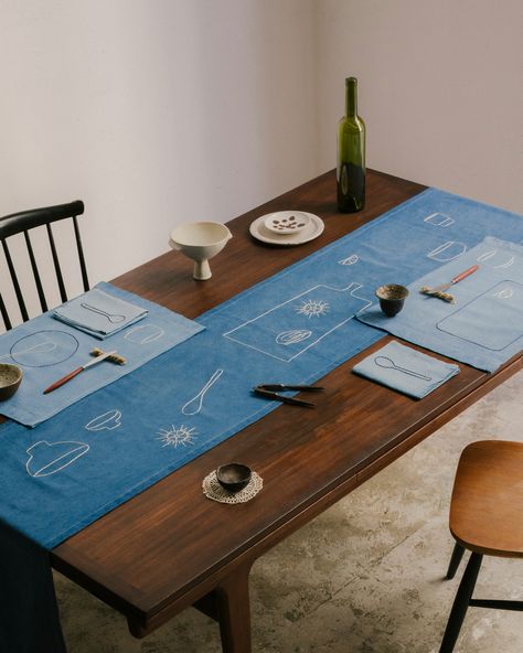 Raner Table, Sarah Espeute, Kitchen Table Runner, Sea Urchins, London Flat, Embroidered Tablecloth, Antique Linens, Indigo Dye, Table Napkins