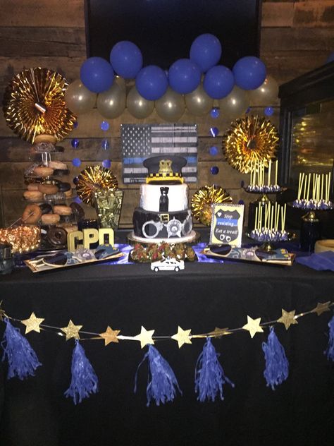 Police promotional party dessert table, sweet table, Chicago police, cake, cake pops, cookies, blue and gold Lieutenant Promotion Party, Police Party Dessert Table, Police Officer Decorations Party Ideas, Cop Donut Bar, Police Academy Party Ideas, Law Enforcement Party Decorations, Sheriff Themed Party, Nypd Party Decorations, Police Officer Promotion Party