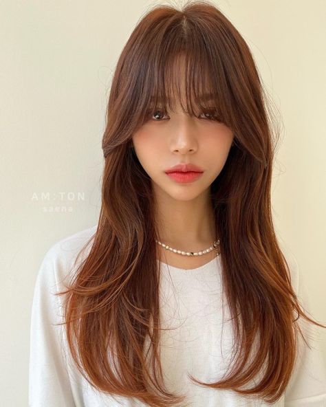 Korean Haircut Long, Asian Bob Haircut, Hairstyle Female, Red Korean, Asian Long Hair, Asian Haircut, Korean Hair, How To Cut Bangs, Neon Hair