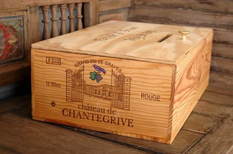 Personalized  French Wine Crate Storage Box  Wedding Card  Box with a Card Slot by KaiHinaCoastal on Etsy Wine Crate Table, Milk Crate Shelves, Wine Crate Storage, Crate And Barrel Registry, Apple Crate Shelves, Crate And Barrel Style, Wine Crate Furniture, Recycle Decor, Plastic Milk Crates