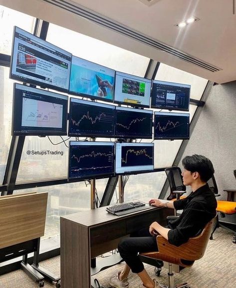 Trader Setup, Forex Trading Strategies Videos, India House, Trading Desk, Computer Gaming Room, Geometric Design Art, Gaming Room Setup, Clean Office, Home Office Setup