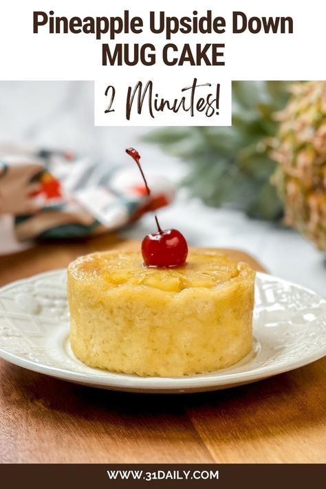 If you love Pineapple Upside-down Cake and have about 2 Minutes, give or take, you'll adore this Pineapple Upside-down Mug Cake! It has ALL the flavor of the traditional cake but is ready in a flash, in a single serving. But fair warning: It's so irresistible that you might find yourself making two! Snacks For Two People, Single Serving Pineapple Upside Down Cake, Microwave Pineapple Upside Down Cake, Single Serve Pineapple Upside Down Cake, Pineapple Mug Cake, Pineapple Upside Down Cake Recipe Mini, Pineapple Mug Cake Microwave, Keto Pineapple Upside Down Cake, Quick Single Serve Desserts