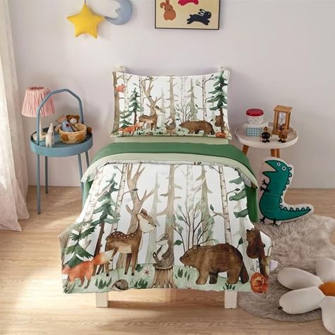 Amazon.com: CKOU CCOO 4 Pieces Woodland Animal Toddler Bedding Set, Forest Deer Bear Bed Comforter Setfor Baby Boys Girls, Cute Toddler Quilt Kids Toddler Bed Set Includes Comforter, Sheets and Pillowcase : Baby Boys Woodland Bedroom, Sage Green Comforter, Kids Toddler Bed, Green Comforter Sets, Woodland Bedroom, Toddler Comforter, Bear Bed, Bed Early, Green Comforter