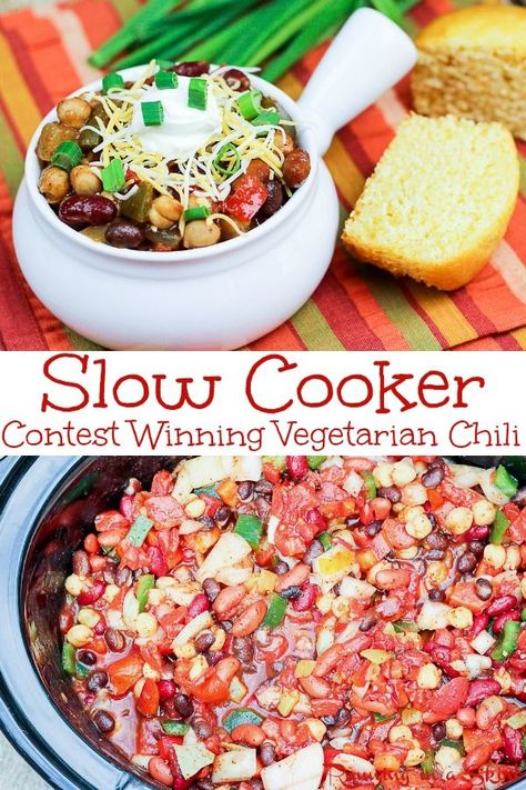 Crock Pot Vegetarian Chili, Crock Pot Vegetarian, Vegetarian Chili Crock Pot, Chili Contest, Slow Cooker Vegetarian Chili, Chili Cookoff, Vegan Crockpot, Meat Chili, Healthy Chili