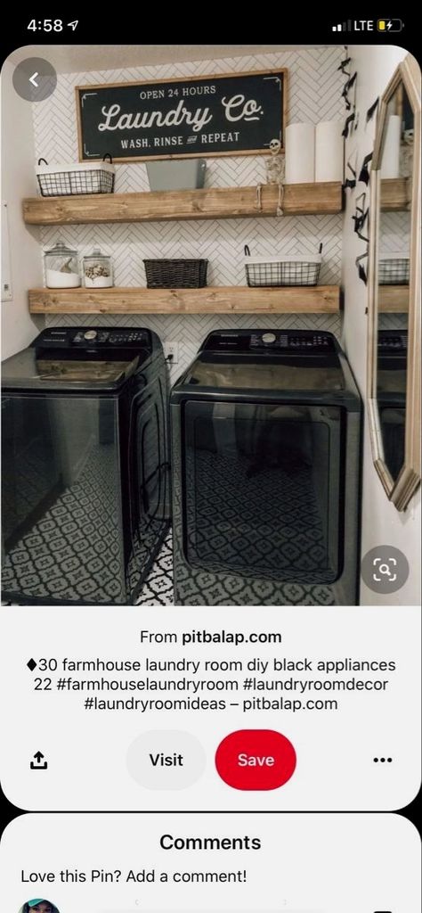 #laundry #laundryroomdecor #storage Laundry Room Ideas With Black Appliances, Black Appliance Laundry Room, Laundry Room Black Appliances, Black Washer And Dryer Laundry Room, Black And White Laundry Room, Fixxer Upper, Small Laundry Room Ideas, Grey Laundry Rooms, Laundy Room