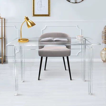 Orren Ellis Yamileth Desk | Wayfair Lucite Desk Home Office, Clear Desk Aesthetic, Lucite Desk, Clear Desk, Leaning Ladder, Acrylic Desk, Glamorous Decor, Apartment Dining, Classic Desk