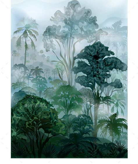 Tropical Rainforest by dracozlat misty wet wilderness rainforest. Vector landscape Amazon Rainforest Illustration, Tropical Island Drawing, Rainforest Tattoo, Tropical Landscape Painting, Rainforest Illustration, Jungle Watercolor, Jungle Painting, Vector Landscape, Stick Wall Art