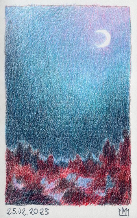 moon, sky, night, moonlight, red and blue, sketch, colouredd pencils on textured paper, marjaz Color Pencil Night Sky, Drawing Sky, Blue Sketch, Color Pencil Sketch, Color Pencil Illustration, Colored Pencil Artwork, Sky Night, Colour Pencil, City Drawing