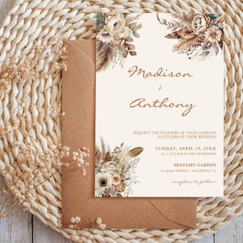 Boho Pampas Grass Beige Wedding Calligraphy Invitation #zazzle #weddinginvitations #birthdayinvitations #babyshowerinvitations #zazzleinvitations #monogram #businesscards #graduation #homedecor Pampas Grass Wedding Invitation, Earth Tone Palette, Calligraphy Invitation, Pampas Grass Wedding, Minimal Wedding Invitation, Beige Wedding, Paper Background Design, Invitation Calligraphy, Grass Wedding