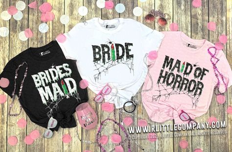 Spooky Bachelorette Halloween Bride Bridal Party Unisex Tees - Etsy Spooky Bridal Party, Halloween Bachelorette Party Shirts, Spooky Bachelorette Party Ideas, Halloween Bachelorette Party Ideas, Goth Bachelorette Party Ideas, Halloween Themed Bachelorette Party, Spooky Bachelorette Party, Bachelorette Halloween, Halloween Bridal Party