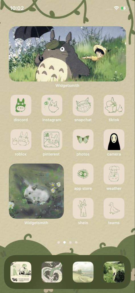 Asthetic Studio Ghibli Wallpapers, Ipad Home Screen Layout Anime, Beige Totoro Wallpaper, Totoro Themed Phone, Phone Themes Studio Ghibli, Totoro Iphone Layout, Plant Phone Theme, Ipad Wallpaper Totoro, Cute Phone Themes Green