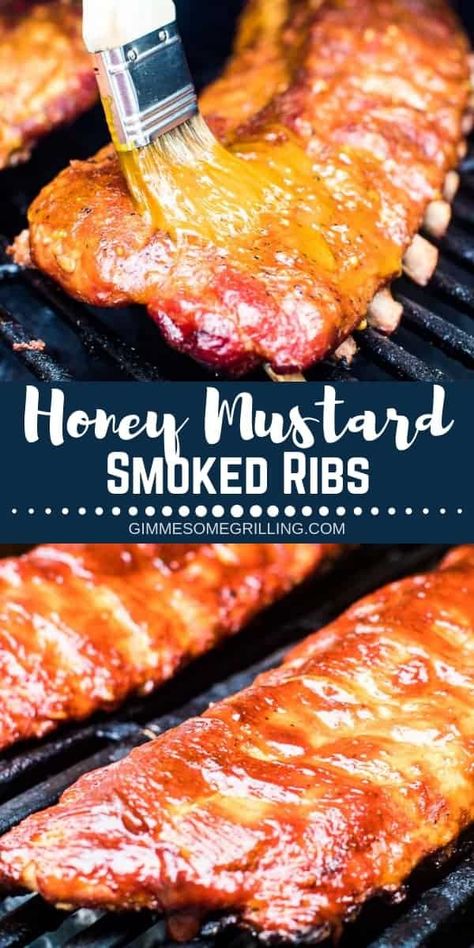 Step by Step instructions on making smoked ribs using the 3-2-1 method on your smoker. These smoked ribs are brushed at the end with a honey mustard sauce to give them a delicious, unique twist. They are fall apart tender and so delicious! #recipe #ribs Smoked Honey, Traeger Grill Recipes, Recipes Sides, Smoked Pork Ribs, Rib Sauce, Homemade Honey Mustard, Honey Bbq Sauce, Pellet Grill Recipes, Traeger Recipes