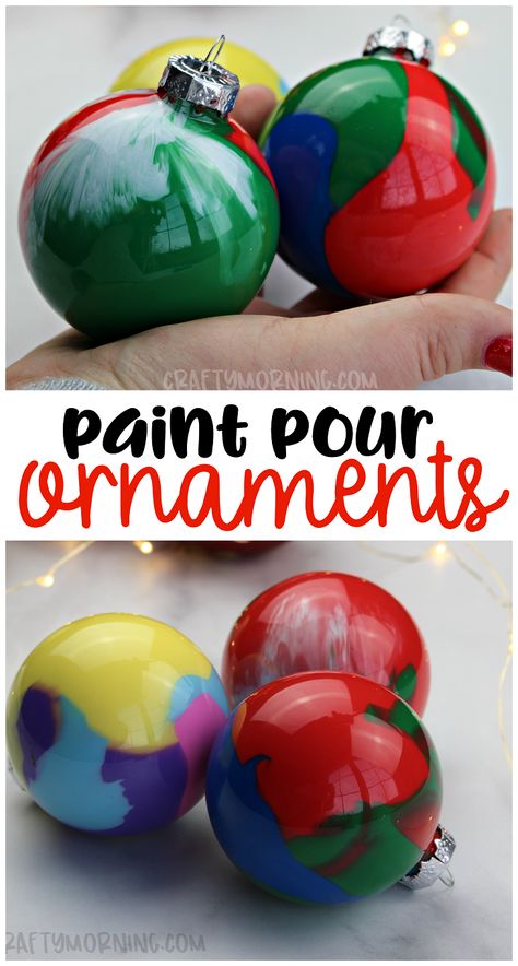 Make fun paint pour christmas ornaments for gifts! Fun christmas craft the kids can make. Christmas art project...make fun decorations! #christmas #christmasornaments #diyornaments #paintpourornaments #christmascrafts #christmasprojects #craftymorning Kids Christmas Crafts Clear Ornament, Second Grade Christmas Ornaments, Christmas Gifts For Preschoolers To Make For Parents, Paint Ornaments Diy Kids, Christmas Ornaments With Clear Plastic Balls, Paint In Ornaments Diy, Clear Christmas Ball Ornament Ideas Diy For Kids Craft, Plastic Ball Ornament Ideas, Clear Bulb Ornament Ideas For Kids