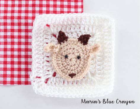 Goat Applique, Crochet Goat, Farm Blankets, Crochet Farm Animals, Granny Square Häkelanleitung, Blue Crayon, Applique Tutorial, Granny Square Blanket, Granny Square Crochet Pattern