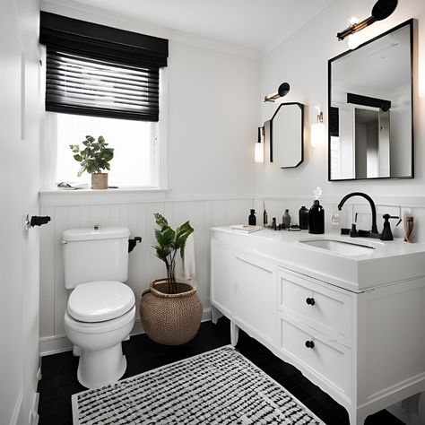 Black and white bathroom 🖤 🤍 Black And White Washroom Ideas, Black And White Powder Room, House Window Design, Black And White Bathroom, House Window, Black Bathroom, Window Design, White Bathroom, Guest Bathroom