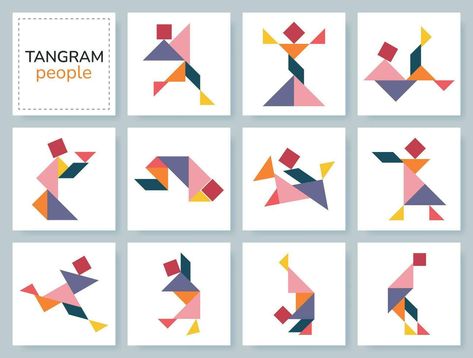 Tangram puzzle game for kids. Colorful geometric collection with isolated people in various poses. isolated Tangram people icons on white backdrop. Vector illustration Tangram Puzzles, Puzzle Games For Kids, People Icon, Game For Kids, White Backdrop, Cityscape Photos, Logo Banners, Heart With Arrow, Background Banner