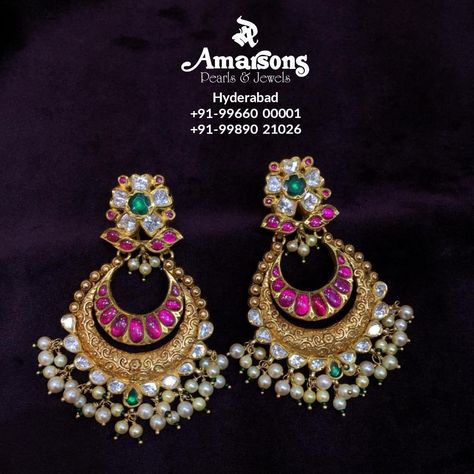 Kundan Chandbali Earrings Gold, Gold Buttalu, Amarsons Jewellery, Kundan Chandbali, Pearl Jewels, Chandbali Earrings, Bride Jewelry, Gold Bride Jewelry, Gold Jewellery Design Necklaces