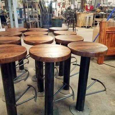 The Strong Oaks Woodshop Bolt Down Urban Industrial Pedestal Bar Stools With Footrest -- Bar Height (Set of 4) The Strong Oaks Woodshop Wood Mosaic Tile, Reclaimed Wood Bars, Pub Stools, Honed Marble Tiles, Industrial Bar Stools, 30 Bar Stools, Industrial Bar, Welding Table, Urban Industrial