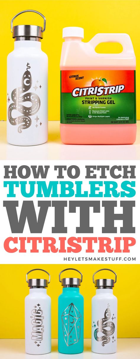 Use your Cricut machine and CitriStrip to easily etch anything powder coated! Here is my favorite way to etch tumblers with CitriStrip, plus tips and tricks for crisp edges even on the most intricate details! How To Use Citristrip On Tumblers, Etching Tumblers With Citristrip, Citristrip Cricut, Cricut Citristrip, Citristrip On Tumblers, Citristrip Tumblers, Etching Tumblers, Tumbler Room, Cricut Tumblers