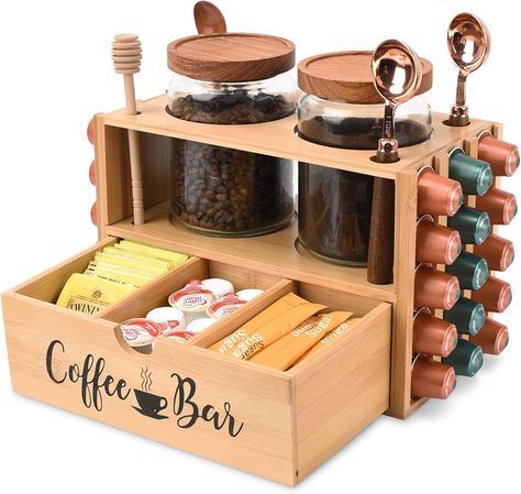 Amazon.com: Coffee Station Organizer Coffee Bar Organizer for Countertop, Coffee Pod Holder with Drawer, Coffee Bar Accessories Decor, Paper Cup Holder,Coffee Canister Coffee Spoon Tea Condiment Storage Organizer : Home & Kitchen Coffee And Tea Storage, Coffee Bar Organization Small Spaces, Turquoise Coffee Bar, Kitchen Island Coffee Station, Coffee Station On Kitchen Counter, Counter Coffee Station Ideas, Tea Caddy Display, Small Counter Coffee Station, Coffee Bar Gift Basket Ideas