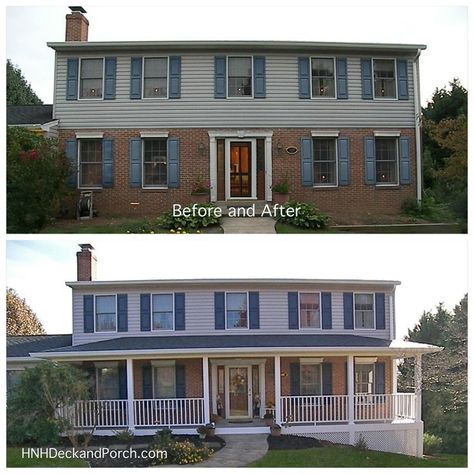 Compare home owner's backyards before and after their outdoor extension, deck addition or resurface. Added Front Porch, Screened Room, Front Porch Remodel, Front Porch Addition, Colonial House Exteriors, Exterior House Remodel, Porch Remodel, House Front Porch, Porch Addition