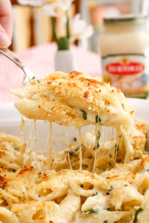 Oven Baked Alfredo Pasta, Baked Pasta Alfredo Recipe, Alfredo With Ricotta Cheese, Baked Fettucini Alfredo Easy, Pennoni Recipes, Oven Alfredo Pasta, Baked Alfredo Pasta Recipes, Pasta In Oven Recipes, Cheesy Alfredo Pasta Bake