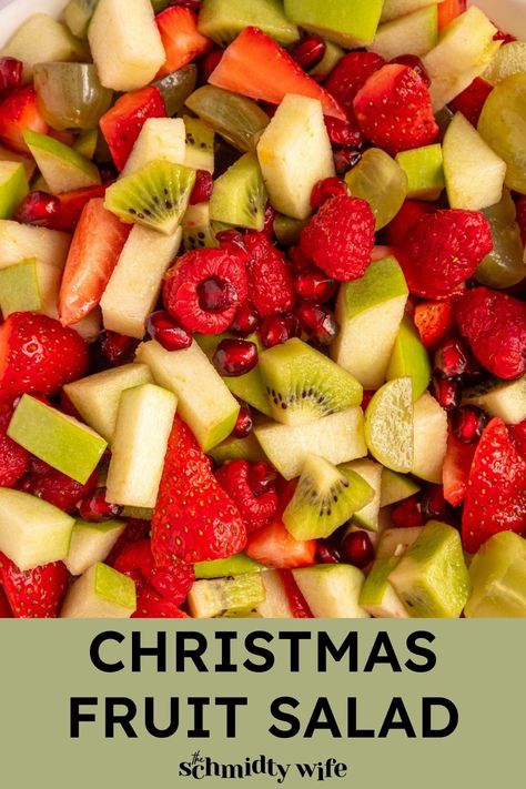 Festive Christmas Fruit Salad - The Schmidty Wife Winter Fruit Salsa, Christmas Fruit Salad Recipes, Holiday Veggie Trays, Fruit Salad Christmas, Holiday Fruit Salad, Salad Christmas, Wife Recipes, Christmas Fruit Salad, Easy Fruit Salad