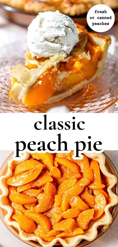 This peach pie with fresh or canned peaches has a crispy crust and a filling made with tender, sweet, and lightly spiced peaches. The homemade pie dough is crispy, and the pie melts in your mouth with a scoop of vanilla ice cream on top. This recipe be made with ripe, in-season, fresh peaches or canned peaches. The crust is dairy free, so the recipe is also vegan friendly! This pie would be a great dessert for summer, but also for the holidays like Thanksgiving. Peach Pie Vegan, Vegan Fruit Pie, Peach Pie Canned Peaches, Healthy Peach Pie, Vegan Peach Pie, Peach Pie With Canned Peaches, Dairy Free Pie Recipes, Fruit Pie Recipes Easy, Easy Fruit Pie