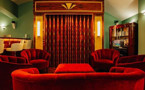 Art Deco Theater Room, Art Deco Movie Room, Art Deco Orange, Art Deco Theatre Interior, Art Deco Game Room, Art Deco Home Theater, Art Deco Cinema Room, Art Deco Movie Theater, Art Deco Basement