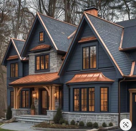 Blue Siding With Wood Accents, Dark Navy Blue House Exterior, Navy Blue Home Exterior, Navy Siding Exterior, Wooden House Colors Exterior, Dark Blue House Exterior With Wood, Navy Exterior House Colors, Dark Blue Siding, Navy Blue House Exterior