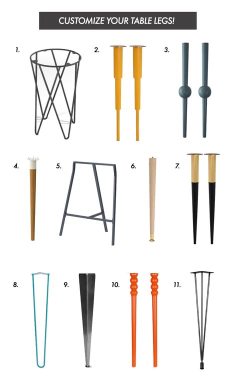 Mix and Match to Create a Custom Table (click through for more!) 1. Hairpin pedestal  2. Alfred 700 3. Otto 700 4. Hilver 5. Lerberg 6. Traditional Tapered Leg 7. Estelle 700 8. Hairpin Leg 9. Fold Leg 10. Siri 700 11. Original Leg Meja Industrial, Diy Table Legs, Kursi Bar, Hemma Diy, Metal Table Legs, Furniture Legs, Furniture Inspiration, Diy Table, Metal Furniture