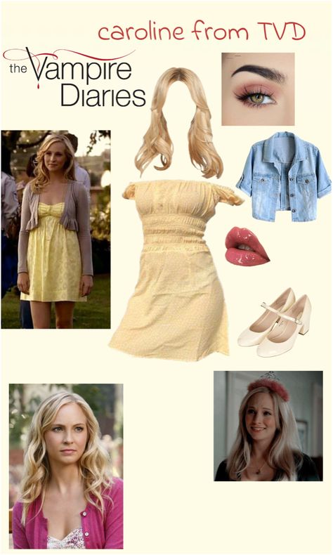 Caroline Outfits Vampire Diaries, Caroline Forbes Costume, Caroline Forbes Halloween Costume, Tvd Halloween Costumes, Vampire Diaries Halloween Costume Ideas, Tvd Outfit Ideas, Caroline Costume, Blonde Brunette Halloween Costumes, Caroline Forbes Outfits