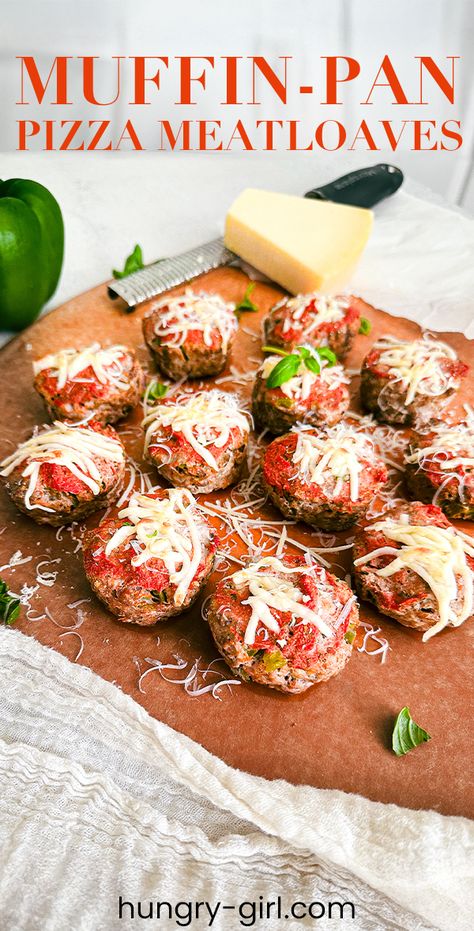 Healthy Muffin-Pan Pizza Meatloaf Minis Recipe | Hungry Girl Bariatric Muffin Tin Recipes, Healthy Pizza Muffins, Chicken Muffin Tin Recipes, Healthy Mini Muffin Recipes, Meatloaf In Muffin Tin, Muffin Pan Meatloaf Recipes, Hungry Girl Recipes Dinner, Weight Watchers Meatloaf Recipe, Meatloaf Mini