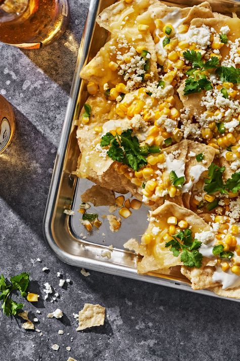 Delish Street Corn Nachos, Corn Nachos, Grilled Corn Salsa, Sweet Corn Recipes, Nacho Toppings, Grilled Corn Salad, Sour Cream Recipes, Mexican Street Corn, Summer Appetizer