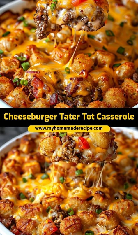 This cheeseburger tater tot casserole is the best casserole for a cheesy and hearty meal. Loaded with ground beef, cheese, and crispy tater tots, it’s the ultimate cheeseburger casserole for comfort food cravings Tater Tot Cheeseburger, Cheeseburger Bake, Ultimate Cheeseburger, Cheeseburger Tater Tot Casserole, Tater Tot Casserole Recipe, Tater Tot Recipes, Best Casserole, Tater Tot Casserole Recipes, Ground Beef Casserole Recipes