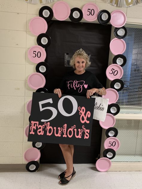 Pink and Black fabulous 50th birthday office decorations. Ladies 50 Birthday Party Ideas, Pink 50th Birthday Decorations, Diy Birthday Party Decorations For Women, Diy 50th Birthday Decorations For Women, 50th Birthday Cubicle Decorations, 50th Birthday Office Decorating Ideas, 50th Birthday Office Decorations, Pink And Black 50th Birthday Ideas, Pink Theme 50th Birthday