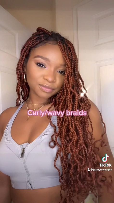 how to curl braids, how to get wavy braids, wavy braids, curly braids, red braids, black girl hair, black girl braids Prom Box Braids Hairstyles, Black Ginger Braids, Wavy Box Braids Hairstyles, Curled Braids For Black Women, Wavy Box Braids Black Women, Short Wavy Braids, Wavy Knotless Box Braids, Curling Box Braids, How To Curl Box Braids