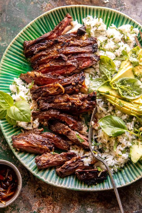 30 Minute Herby Lemon Garlic Steak And Rice., Steak Flank Recipes Dinners, Half Baked Harvest Flank Steak, Flank Steak Half Baked Harvest, Summer Dinner Beef, Half Baked Harvest Steak, Flank Steak Bowl, Summer Meat Recipes, Easy Meals For Groups