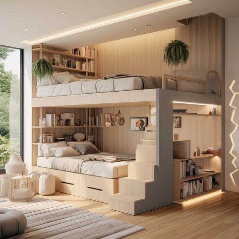 Bedroom Ideas For Small Rooms With Two Beds, Bedroom Design With Loft Bed, 4 People Bedroom Ideas, Loft Bed Children Room, Small Room Ideas Two Beds, 2 Bedroom Ideas For Small Rooms, Large Kids Bedroom Layout, Kids Bedroom For 3 Children, Bedroom Design 2 Beds