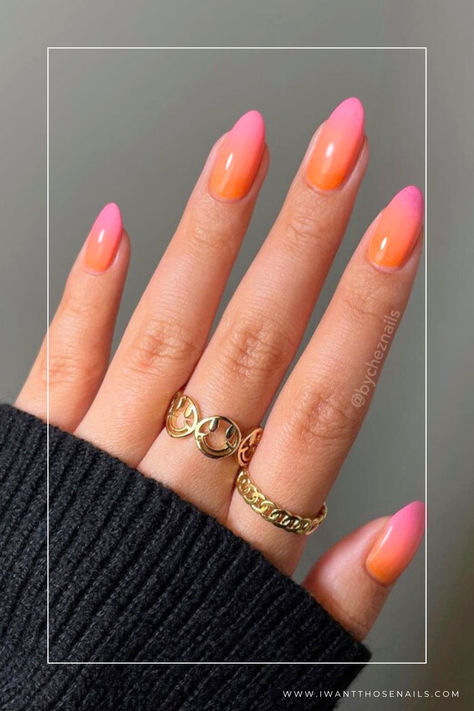 sunset nails aesthetic Summer Nails Short Ombre, Cute Summer Nails Ombre, Red And Coral Nails, Pink Or Orange Nails, Ombre Orange And Pink Nails, Sunset Almond Nails, Tropical Nail Ideas Summer, Tequila Sunset Nails, Aruba Nail Ideas