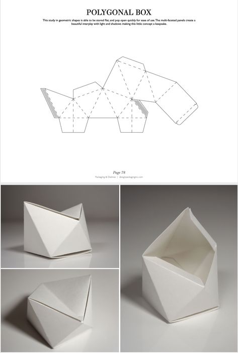 This study in geometric shapes is able to be stored flat, and pop open quickly for ease of use.The multi-faceted panels create a beautiful interplay with light and shadows making this little concept a keepsake.#packaging_design #packaging_dieline #dielines #design #shopping_bag Origami Package, Pop Up Packaging, Geometric Packaging, Craft Paper Box Packaging Design, Shapes Design, Geometric Shapes Packaging Design, Box Craft, Abstract Packaging Design, Geometric Packaging Design