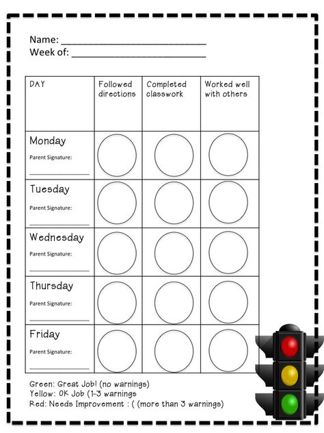 A Not So Wimpy Teacher's Behavior Management Manual: Primary daily Report: Green Light, Yellow Light, Red Light-STOP! Behavior Chart Preschool, Behavior Sheet, Kindergarten Behavior, Preschool Behavior, Behavior Plan, Daily Report, Behavior Plans, Behavior Chart, Behavior Interventions