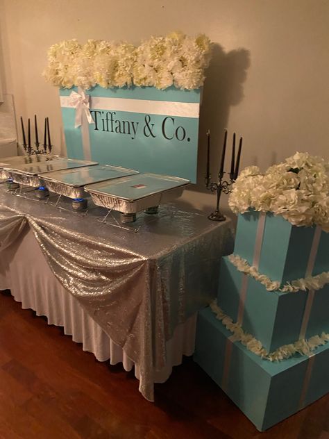 Tiffany Co Sweet 16 Decor, Tiffany And Co 30th Birthday Party, Tiffany And Company Birthday Party Ideas, Pink Tiffany And Co Party, Tiffany Themed Birthday Party Decor, Breakfast At Tiffany’s Party Decor, Tiffany Blue Birthday Party Ideas, Breakfast At Tiffany’s Sweet 16, Tiffany Sweet 16 Party Ideas