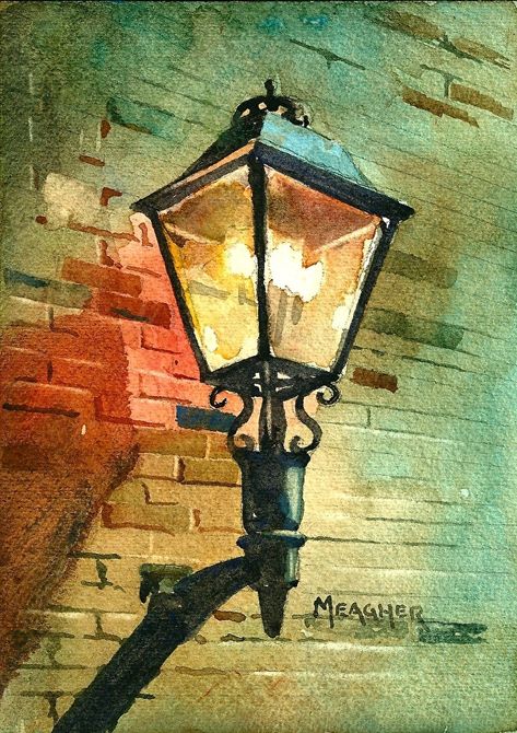 Day 15 - Trailshead Gaslight by Spencer Meagher Watercolor ~ 7 x 5 Lamppost Painting, Watercolor Architecture, 수채화 그림, Watercolor Landscape Paintings, Watercolor Inspiration, Water Painting, Mail Art, Street Light, Light Painting