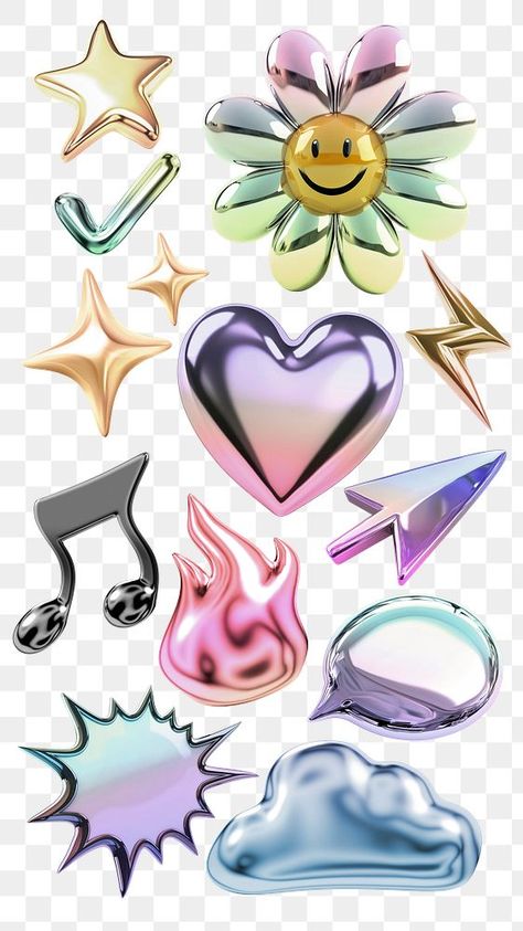 Futuristic Icons, Y2k Elements, Font Canva Lettering, Png Collage, Holographic Art, Y2k Png, Chrome Star, 3d Gradient, Aesthetic Elements