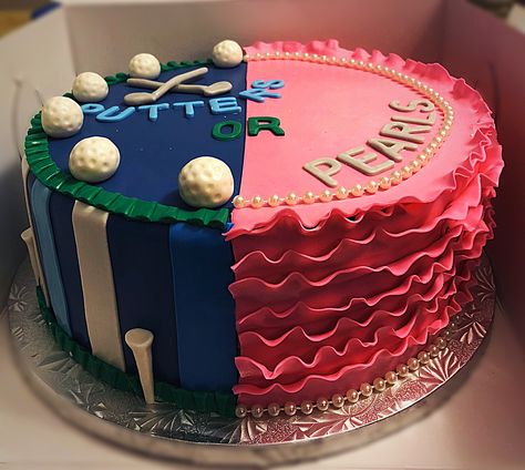 Putter or Pearls Gender Reveal Cake #sugarspicecakery Putters Or Pearls Gender Reveal, Putters Or Pearls, Golf Gender Reveal, Gender Reveal Food, Pearl Baby Shower, Baby Reveal Cakes, Gender Reveal Baby Shower Themes, Pregnancy Gender Reveal, Gender Reveal Themes