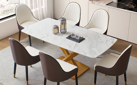 Amazon.com: Homsof Modern Round Sintered Stone Tabletop Dining Room Table, 1 Piece, Brown+White+Gold : Everything Else Orange Chairs, Luxury Dining Tables, Grey Dining Tables, White Chairs, Orange Table, Metal Table Top, Stone Dining Table, White Dining Chairs, Grey Dining