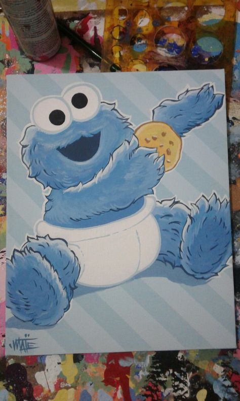 Baby cookie monster Acrylic on 20.5x25.5 cm canvas Cookie Monster Painting Canvas, Cookie Monster Painting, Cookie Monster Drawing, Baby Cookie Monster, Monster Baby Showers, Baby Cookie, 2000s Childhood, Nostalgia 2000s, Art For Room